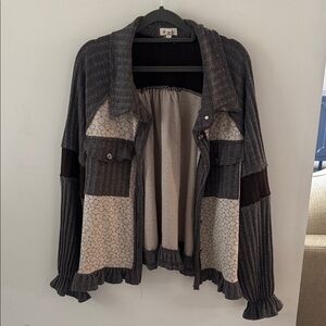 POL Ribbed Patchwork Open Cardigan - Gray & Cream